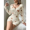 Kadın Bej Ayıcık Desenli Pijama Tulumu Yumuşak Rahat Ev Giyimi Şık Özel Tasarım