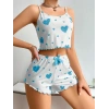 Kadın Beyaz Mavi Kalp Desenli Askılı Şortlu Pijama Takımı Rahat Şık 2’li Set