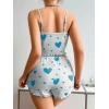 Kadın Beyaz Mavi Kalp Desenli Askılı Şortlu Pijama Takımı Rahat Şık 2’li Set