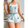 Kadın Beyaz Mavi Kalp Desenli Askılı Şortlu Pijama Takımı Rahat Şık 2’li Set