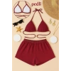 Kadın Bordo Şortlu Belden Ve Boyundan Bağlamalı Bikini Takımı