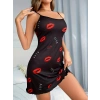 Kadın Elbise Kırmızı Dudak Desenli Askılı Seksi Elbise
