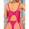 Kadın Fuşya Dantel Transparan Bodysuit 4’lü Takım Şık Tasarım