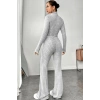 Kadın Gri Çizgili Boğazlı Crop Top Yüksek Bel Pantolon Takım Şık 2’li Set