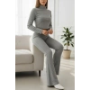 Kadın Gri Fitilli Boğazlı Crop Üst İspanyol Paça Pantolon Eşofman Takımı Esnek 2’li Set