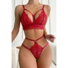 Kadın Kırmızı Çapraz Bel Detaylı Cut-out Fantezi İç Çamaşır Takımı