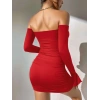 Kadın Kırmızı Dalgıç Kumaş İspanyol Kol Fantezi Elbise Şık Tasarım