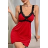 Kadın Kırmızı Fiyonk Detaylı Dantel Dokulu Şık Gece Takımı