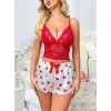Kadın Kırmızı Kalp Desenli Şortlu Askılı Dantel Detaylı Pijama Takımı