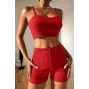 Kadın Kırmızı Kaşkorse Şortlu Crop Atlet Takım Esnek Kumaş Yüksek Bel