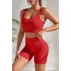 Kadın Kırmızı Kaşkorse Şortlu Crop Atlet Takım Esnek Kumaş Yüksek Bel