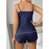 Kadın Lacivert Beyaz Puantiyeli Dantel Detaylı Şortlu Gecelik Pijama Takımı Şık 2’li Set