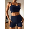 Kadın Lacivert Kaşkorse Şortlu Crop Atlet Takım Esnek Kumaş Yüksek Bel