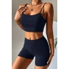 Kadın Lacivert Kaşkorse Şortlu Crop Atlet Takım Esnek Kumaş Yüksek Bel