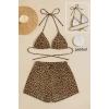 Kadın Leopar Desenli Şortlu Belden Ve Boyundan Bağlamalı Bikini Takımı