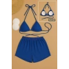 Kadın Mavi Şortlu Belden Ve Boyundan Bağlamalı Bikini Takımı