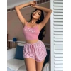 Kadın Pembe Çizgili Desen Askılı Şortlu Pijama Takımı Rahat Şık 2’li Set