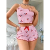Kadın Pembe Kiraz Desenli Askılı Şortlu Pijama Takımı Rahat Şık 2’li Set