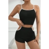 Kadın Siyah Beyaz Şortlu Cut-out Detaylı Gecelik Takımı