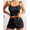 Kadın Siyah Çilek Desenli Seksi Gecelik Takım 6644