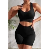 Kadın Siyah Fit Görünümlü Yüksek Bel Spor Crop Top Şort Takımı