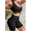 Kadın Siyah Fit Görünümlü Yüksek Bel Spor Crop Top Şort Takımı