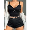 Kadın Siyah Fitilli Askılı Şortlu Pijama Takım 6659