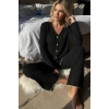 Kadın Siyah Gold Biyeli Fitilli Yumuşak Dokulu Pijama Takımı Premium Ev Giyim