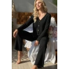 Kadın Siyah Gold Biyeli Fitilli Yumuşak Dokulu Pijama Takımı Premium Ev Giyim