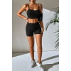 Kadın Siyah Kaşkorse Şortlu Crop Atlet Takım Esnek Kumaş Yüksek Bel