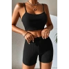Kadın Siyah Kaşkorse Şortlu Crop Atlet Takım Esnek Kumaş Yüksek Bel