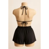 Kadın Siyah Şortlu Belden Ve Boyundan Bağlamalı Bikini Takımı