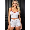 Kadın Vişne Motifli Dantel Askılı Şortlu Rahat Pijama Takımı