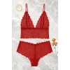 Kırmızı Dantel Bralet Şort Takımı Askılı Şık Kadın Ev Giyim
