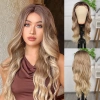 Kumral Dore Sarı Ombre  ve Röfleli Fiber Sentetik Geniş Dalgalı Tül Peruk