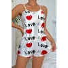 Love Desenli Beyaz Saten Şortlu Gecelik Takım