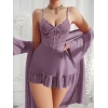 Özel Tasarım Dantel İşlemeli Fırfırlı Sabahlıklı 2li Mor Gecelik Takımı