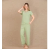 Pamuklu Şık Tasarım Dantel İşlemeli Yeşil Kısa Kol Pijama Takımı