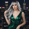 Perçemli Uzun Su Dalgası Fiber Sentetik Peruk - Siyah / Açık Gri Ombreli