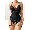 Siyah Dantel Jartiyerli Bodysuit Gecelik Kemer Detaylı Şık Kadın Gece Giyim