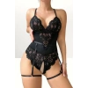 Siyah Dantel Jartiyerli Bodysuit Gecelik Kemer Detaylı Şık Kadın Gece Giyim