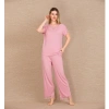 Viskon Şık Tasarım Dantel İşlemeli Pembe Kısa Kol Pijama Takımı