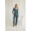 Yakası Omzu Ve Paçası Dantelli Boydan Düğmeli Pijama Takımı