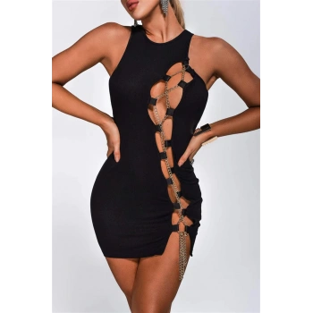 Bayan Zincirli Siyah Mini Elbise