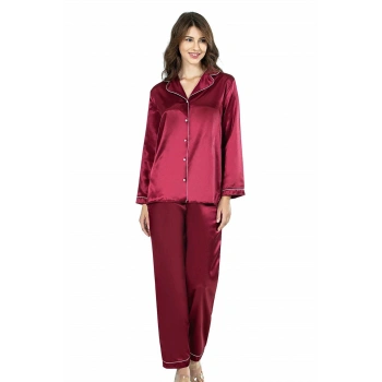 Bordo İkili Saten Gecelik Pijama Takımı 7647