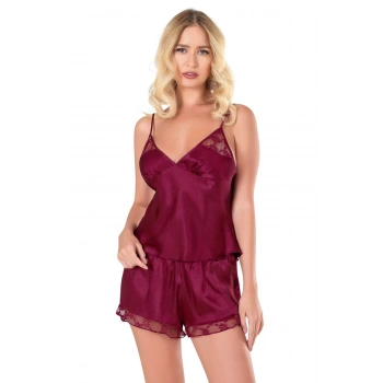 Bordo Saten Babydoll Şort Takımı