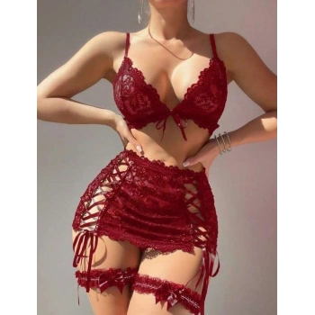 Bordo Transparan Dantel İşlemeli İp Detaylı Fantezi Takım