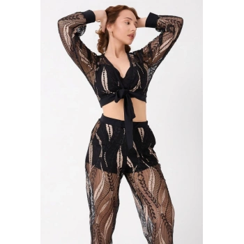 Bralet Sütyen Transparan Gömlek Ve Pantolon Takım Siyah