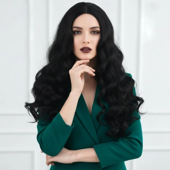 Dalgalı Perçemsiz Uzun Fiber Sentetik Peruk - Koyu Kestane