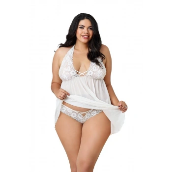 Dantelli Beyaz Büyük Beden Gecelik Brf1273